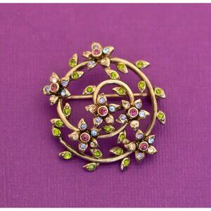 Vintage Floral Multicolor Rhinestone Gold Tone Brooch by Monet - Q6